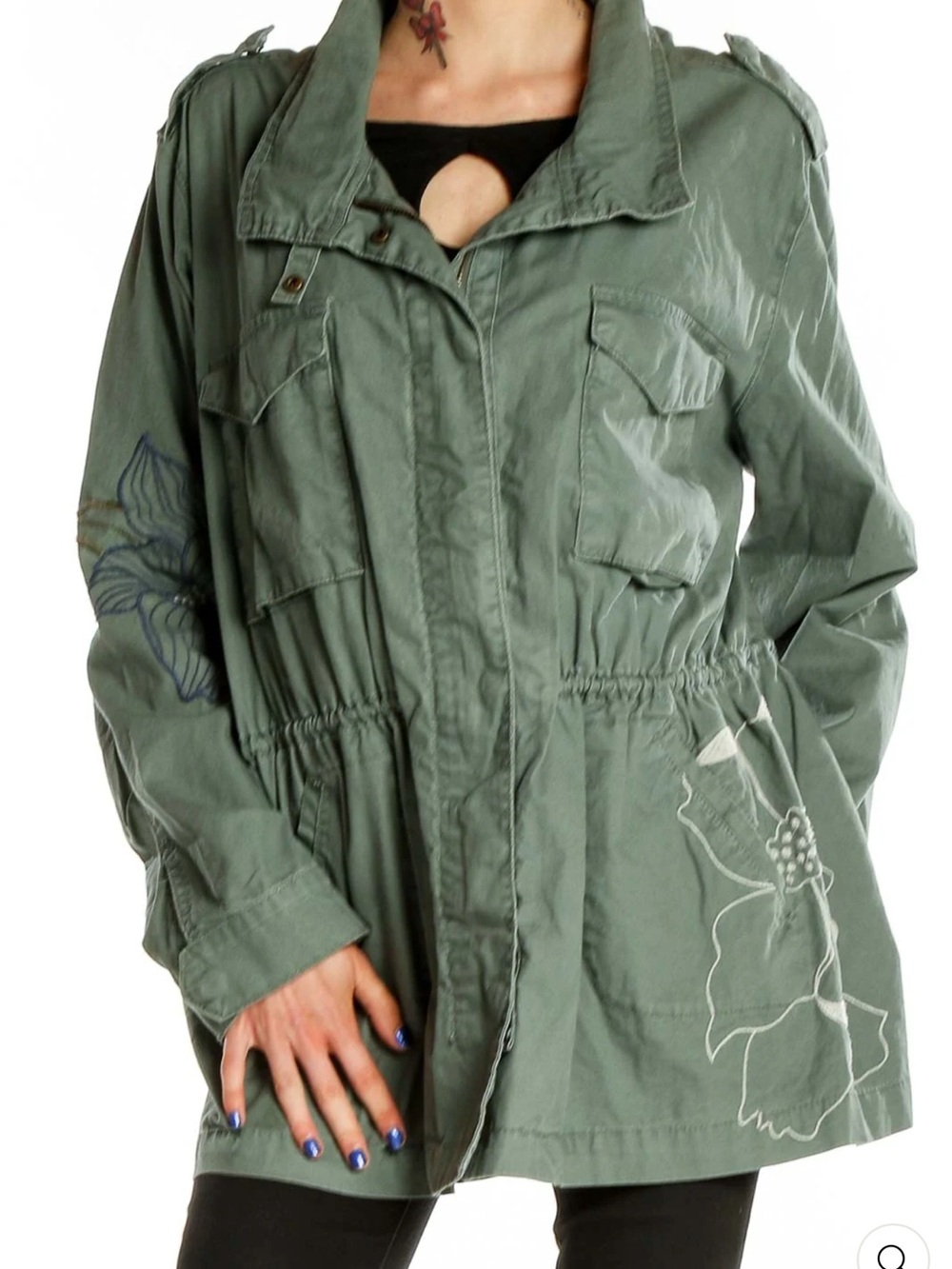 KENSIE Olive Green Floral Embroidered Military Jacket